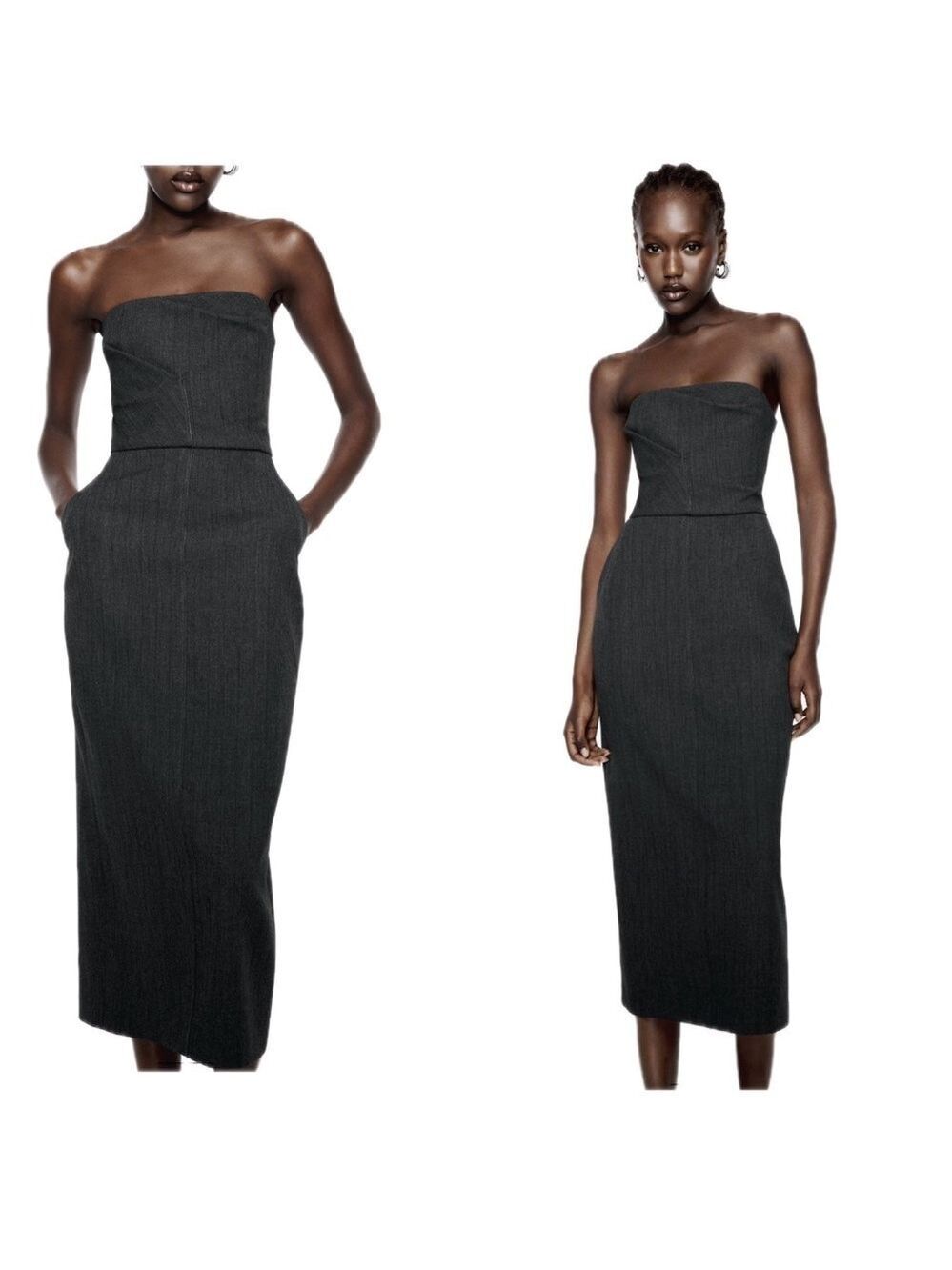 Zara gray strapless midi pencil dress pockets slit Sz S NWT